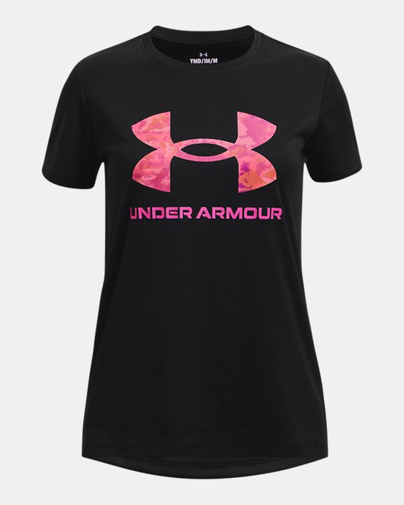 Girls' UA Tech™ Print Fill Big Logo Short Sleeve, Black, pdpMainDesktop image number 0